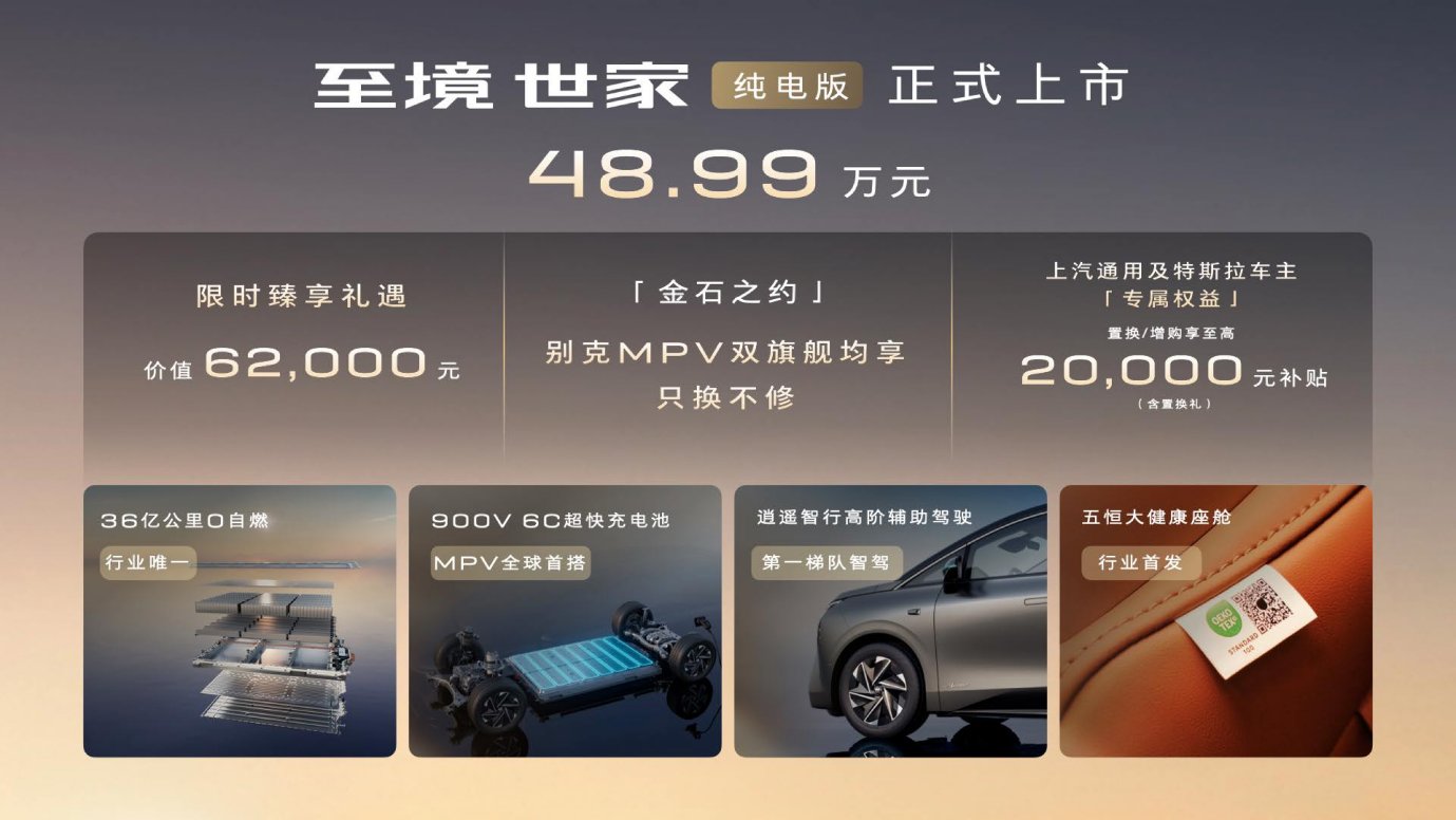 “别墅级新能源旗舰MPV”至境世家纯电版上市，售价48.99万元