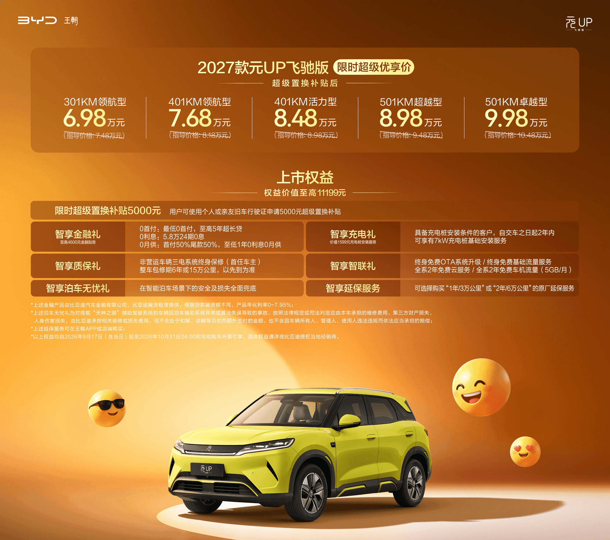 加推501KM长续航 2027款元UP飞驰版限时6.98万元起