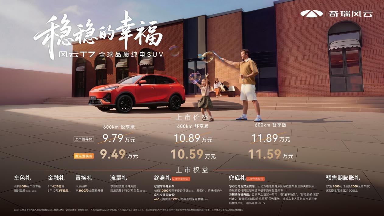 全系600km纯电续航 奇瑞风云T7抢先置换价9.49万起